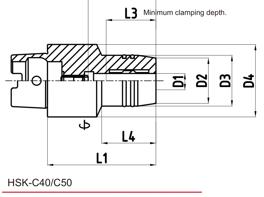 Grip Hydro Micron HSK-C50 teknik çizim — D/L ölçü şeması
