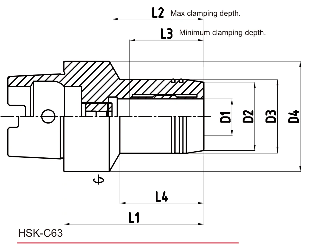Grip Hydro Micron HSK-C63 teknik çizim — D/L ölçü şeması