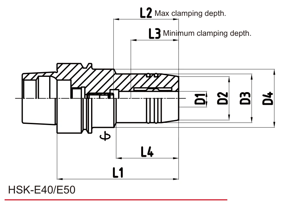 Grip Hydro Micron HSK-E50 teknik çizim — D/L ölçü şeması