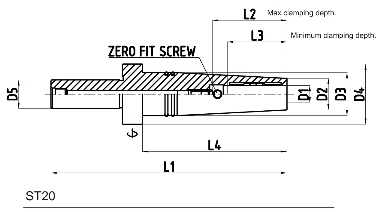 Grip Hydro Zero Extension ST20 teknik çizim — D/L ölçü şeması