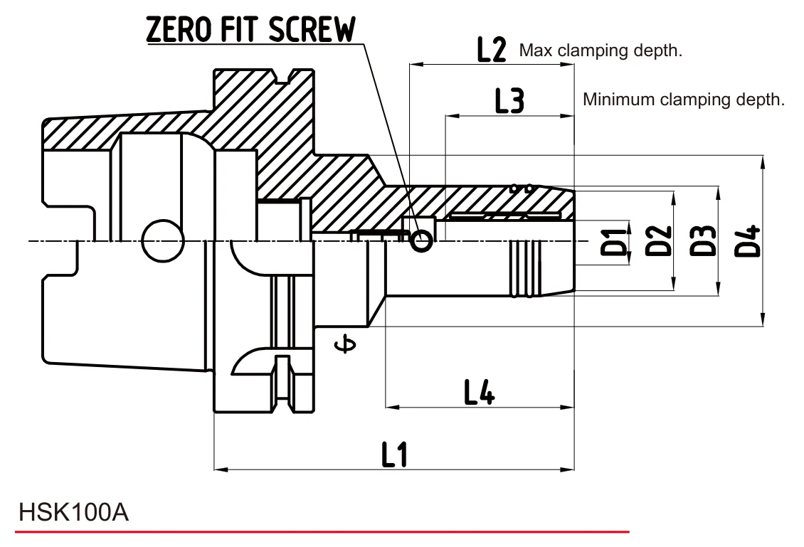 Grip Hydro Zero Fit HSK-A100 teknik çizim — D/L ölçü şeması