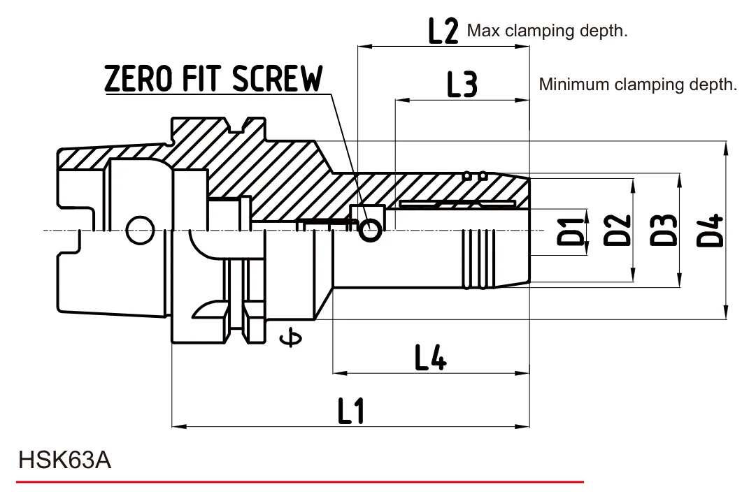 Grip Hydro Zero Fit HSK-A63 teknik çizim — D/L ölçü şeması