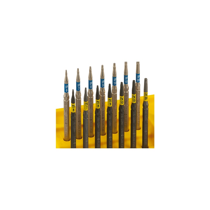 DINAPLUS Torx (TX 6-20) ve Torx Plus (IP 6-20) uçları — uç üzerinde boy ve tork değeri yazılı