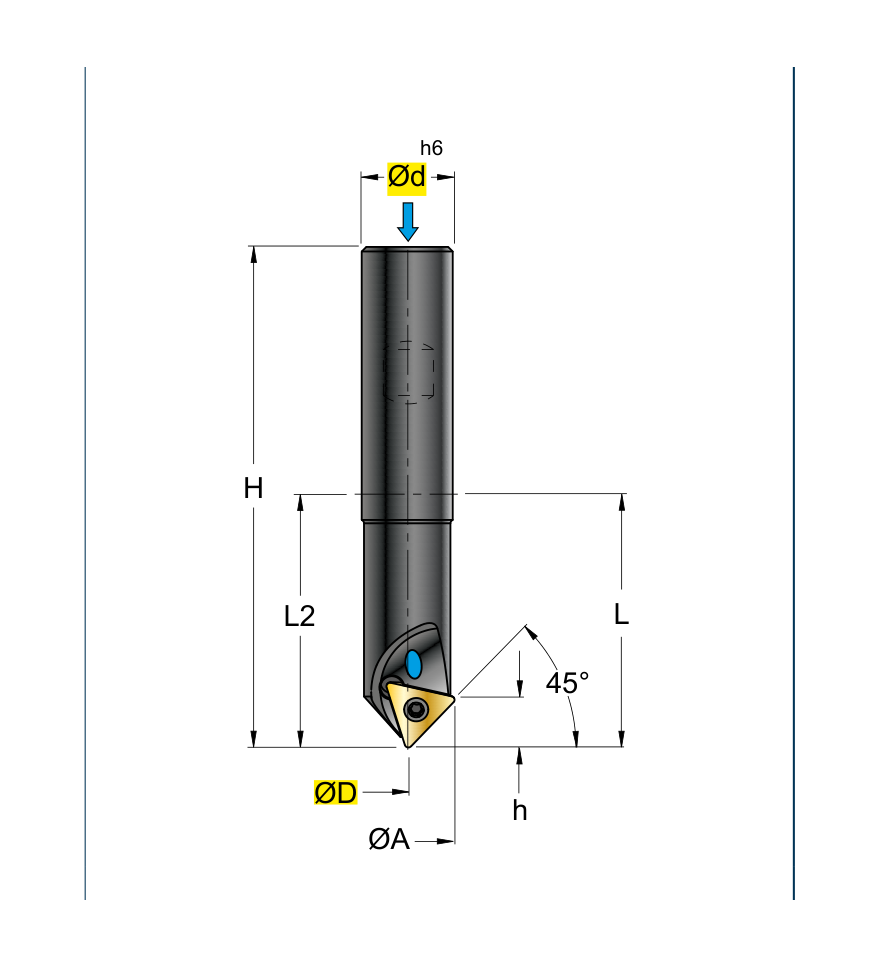 S613.45W-0-16 teknik çizimi: ØD, Ød h6, ØA, H, L, L2, h ölçüleri ve 45° açı